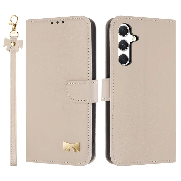Étui portefeuille en cuir pour Samsung Galaxy A55 5G avec nœud papillon décoratif et dragonne - Kaki
