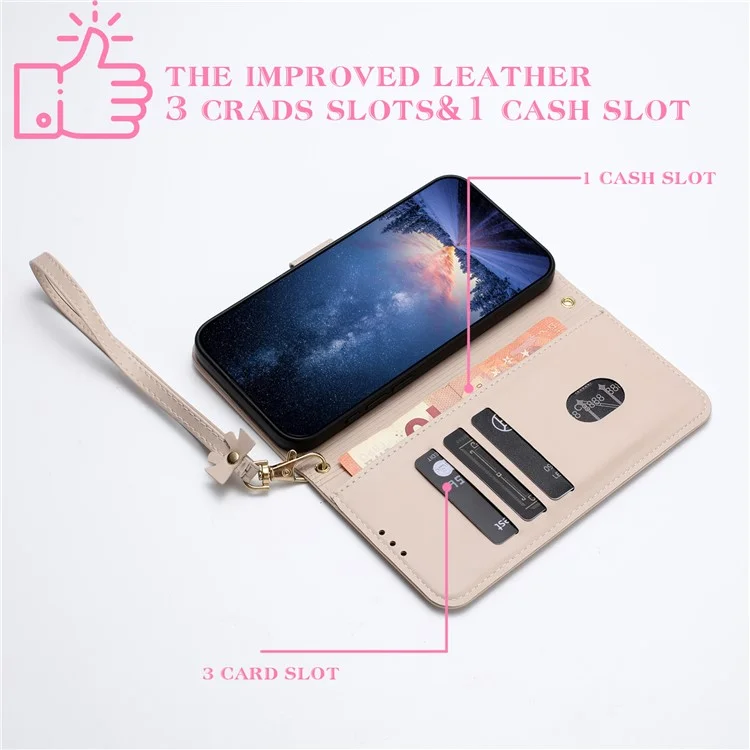 Étui portefeuille en cuir pour Samsung Galaxy A55 5G avec nœud papillon décoratif et dragonne - Kaki