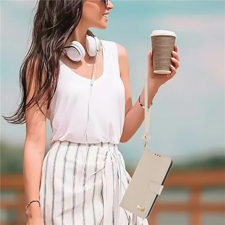 Étui portefeuille en cuir pour Samsung Galaxy A55 5G avec nœud papillon décoratif et dragonne - Kaki