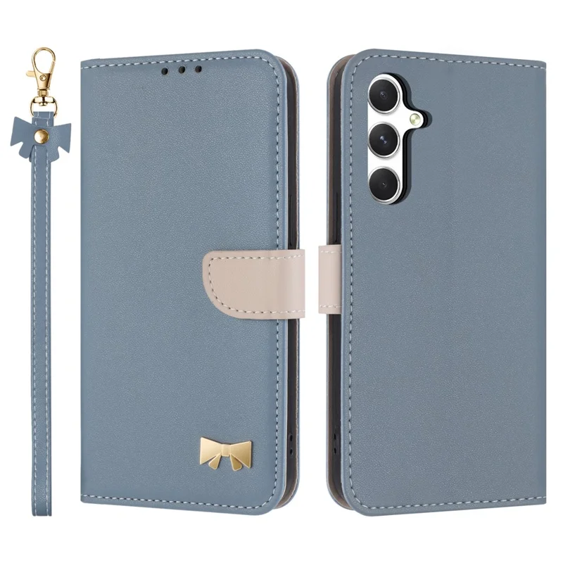 For Samsung Galaxy A26 5G Case Bowknot Decor Wallet Leather Phone Cover with Wrist Strap - Baby Blue
