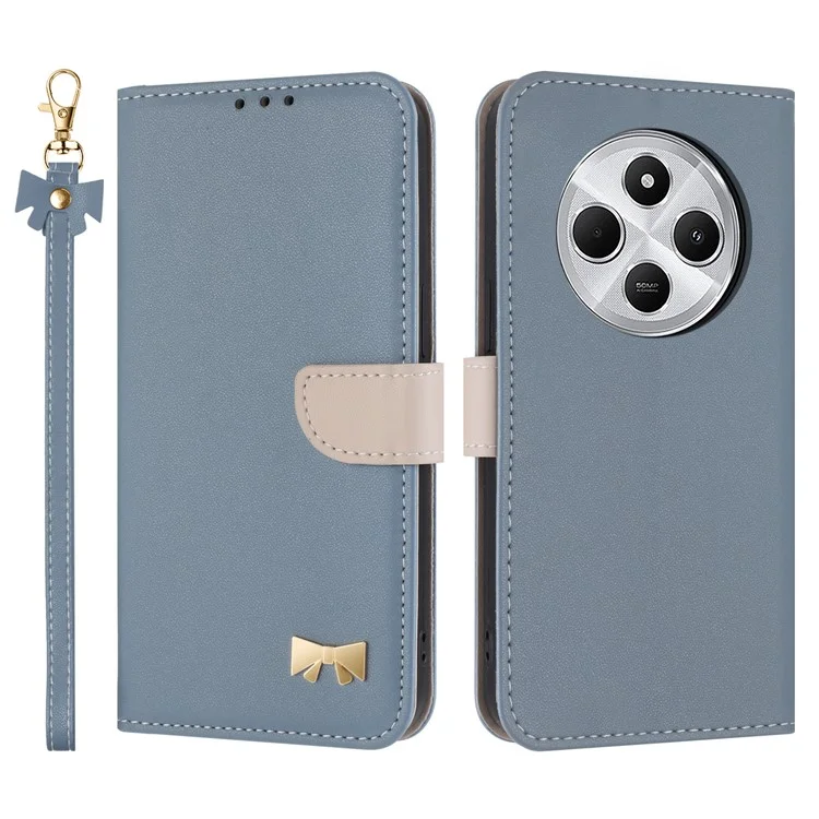 Cover a portafoglio in pelle per Xiaomi Redmi 14C 4G / 14R 5G / A3 Pro 4G / A4 5G / Poco C75 4G, con fiocco decorativo e cinturino da polso - Blu baby