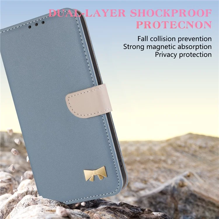 Cover a portafoglio in pelle per Xiaomi Redmi 14C 4G / 14R 5G / A3 Pro 4G / A4 5G / Poco C75 4G, con fiocco decorativo e cinturino da polso - Blu baby