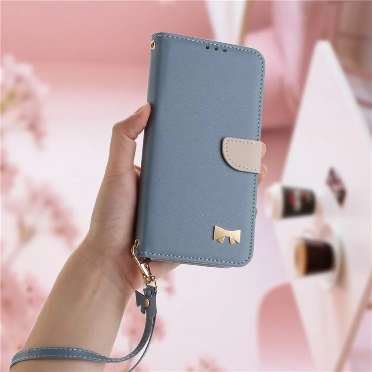 Cover a portafoglio in pelle per Xiaomi Redmi 14C 4G / 14R 5G / A3 Pro 4G / A4 5G / Poco C75 4G, con fiocco decorativo e cinturino da polso - Blu baby