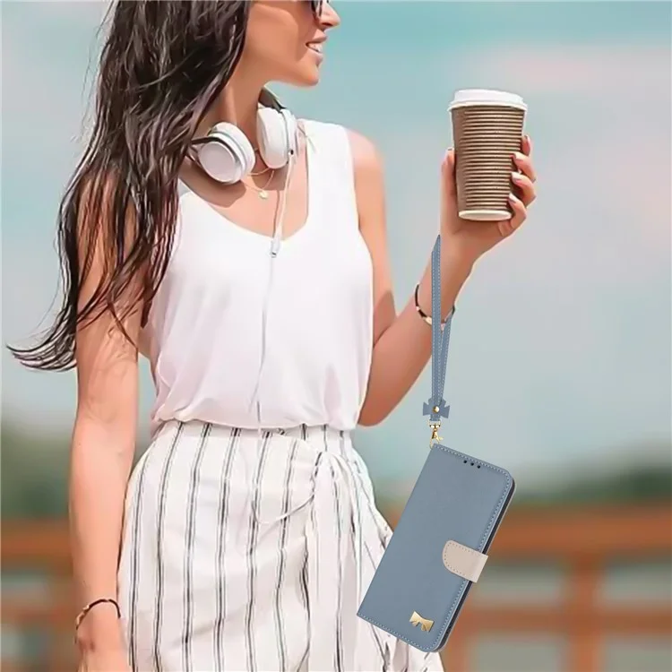 Cover a portafoglio in pelle per Xiaomi Redmi 14C 4G / 14R 5G / A3 Pro 4G / A4 5G / Poco C75 4G, con fiocco decorativo e cinturino da polso - Blu baby