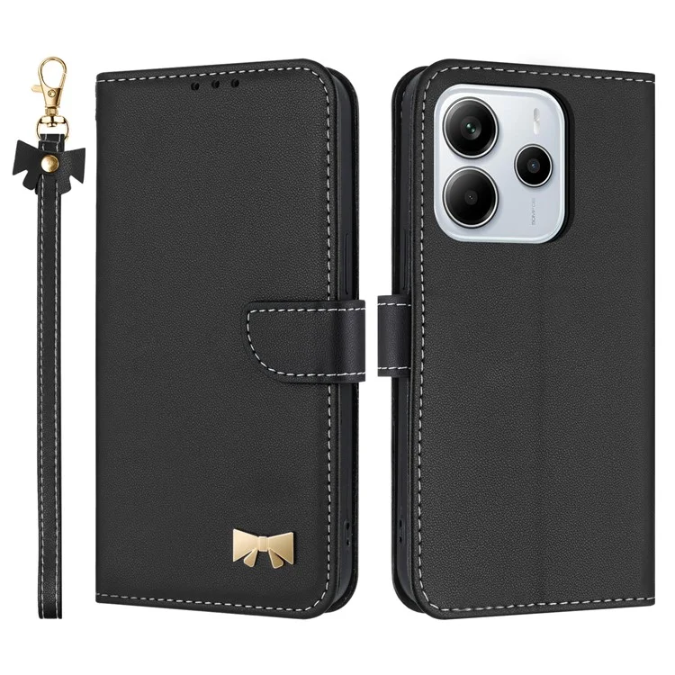 For Xiaomi Redmi Note 14 4G (163.25mm) Case Bowknot Decor Wallet Leather Phone Cover with Wrist Strap - Black