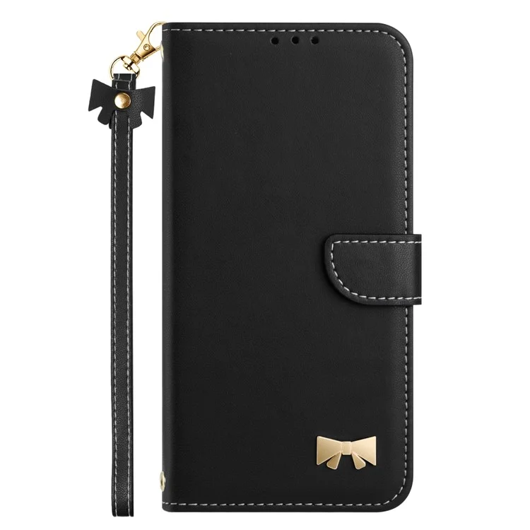 For Xiaomi Redmi Note 14 4G (163.25mm) Case Bowknot Decor Wallet Leather Phone Cover with Wrist Strap - Black