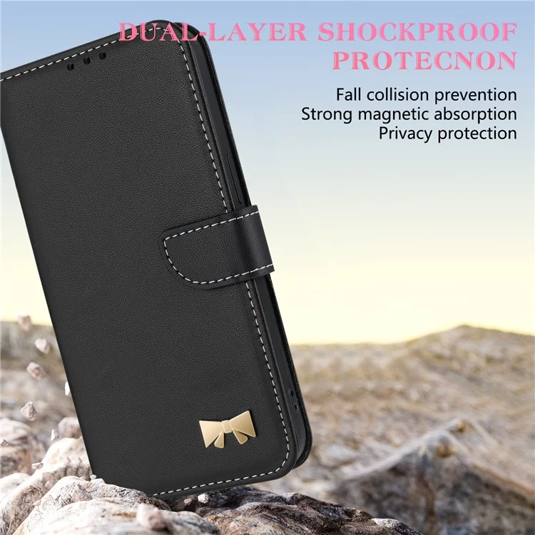 For Xiaomi Redmi Note 14 4G (163.25mm) Case Bowknot Decor Wallet Leather Phone Cover with Wrist Strap - Black