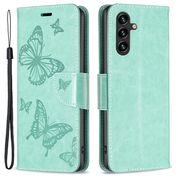 For Samsung Galaxy A14 5G / A14 4G Wallet Case Imprinted Butterflies Leather Phone Cover with Strap - Green