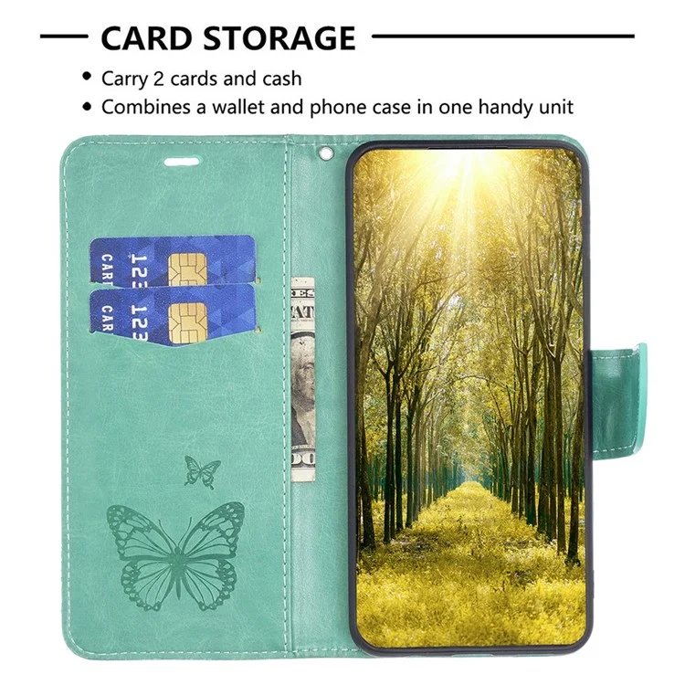 For Samsung Galaxy A14 5G / A14 4G Wallet Case Imprinted Butterflies Leather Phone Cover with Strap - Green