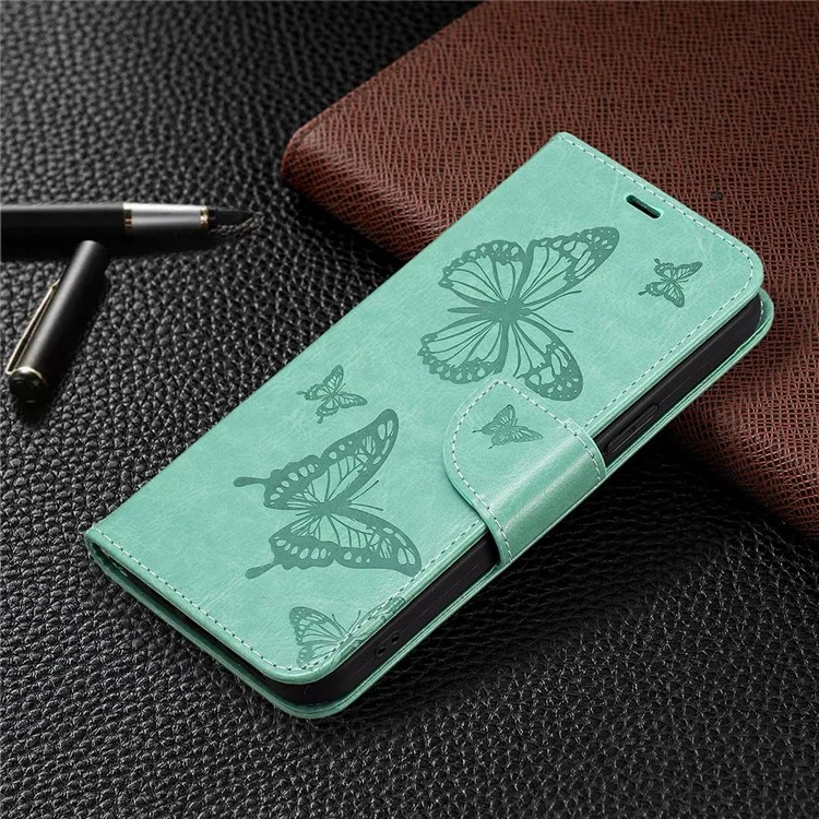 For Samsung Galaxy A14 5G / A14 4G Wallet Case Imprinted Butterflies Leather Phone Cover with Strap - Green