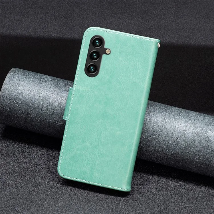 For Samsung Galaxy A14 5G / A14 4G Wallet Case Imprinted Butterflies Leather Phone Cover with Strap - Green
