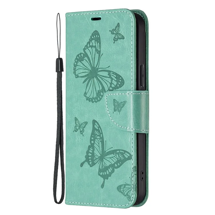 For Samsung Galaxy A14 5G / A14 4G Wallet Case Imprinted Butterflies Leather Phone Cover with Strap - Green