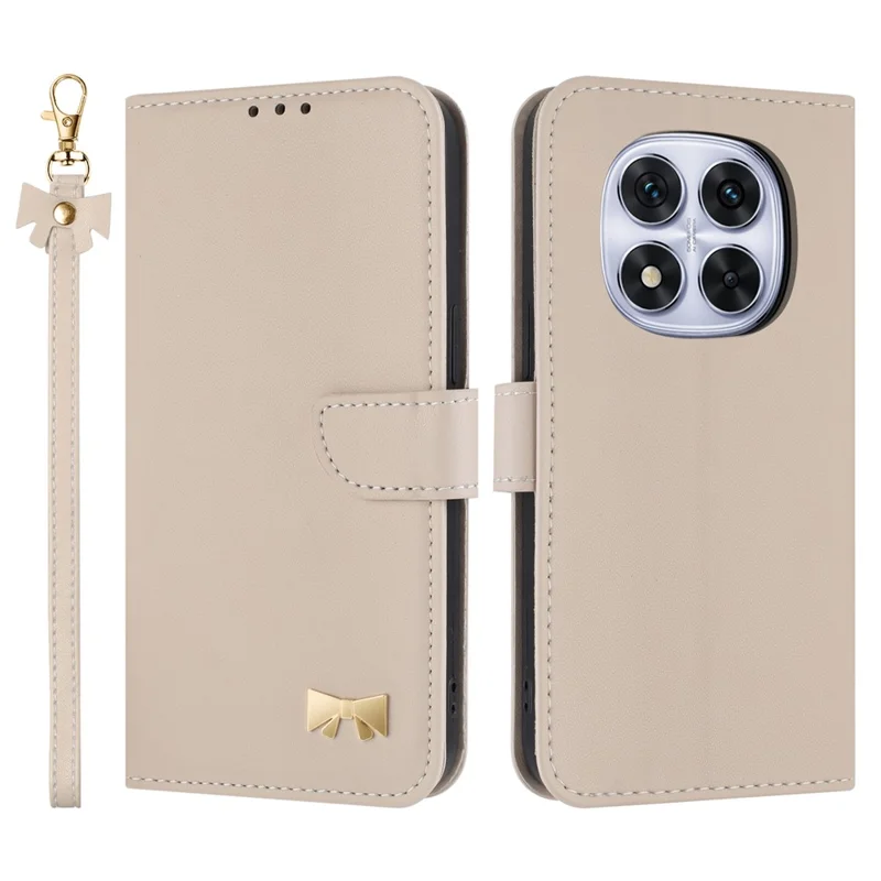 Phone Case For Xiaomi Redmi Note 14 Pro 5G / Note 14 Pro+ 5G / Poco X7 Pro 5G , Bowknot Decor Wallet Leather Cover with Wrist Strap - Khaki