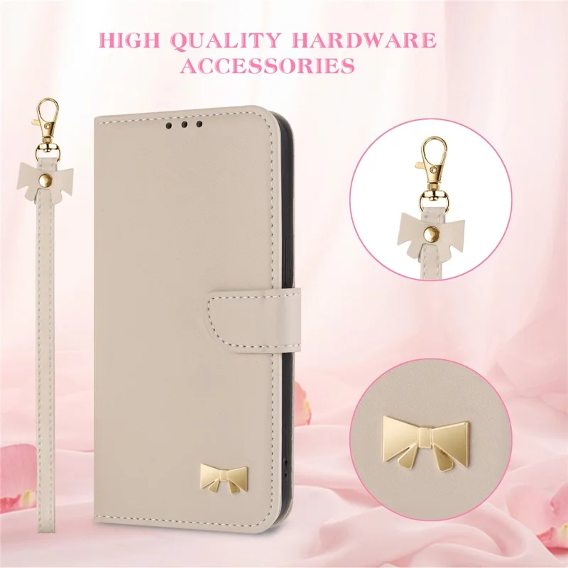 Phone Case For Xiaomi Redmi Note 14 Pro 5G / Note 14 Pro+ 5G / Poco X7 Pro 5G , Bowknot Decor Wallet Leather Cover with Wrist Strap - Khaki