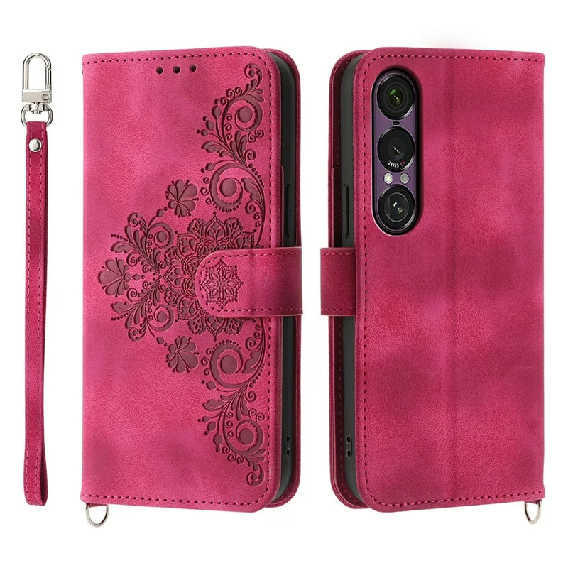 For Sony Xperia 1 VII Case Flower Pattern PU Leather Wallet Phone Cover with Strap - Wine Red
