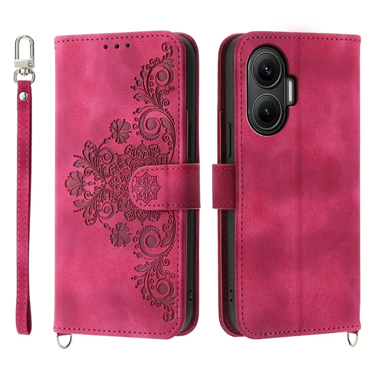 For Xiaomi Poco F7 5G  /  Redmi Turbo 4 Pro 5G Case Flower Pattern PU Leather Wallet Phone Cover with Strap - Wine Red