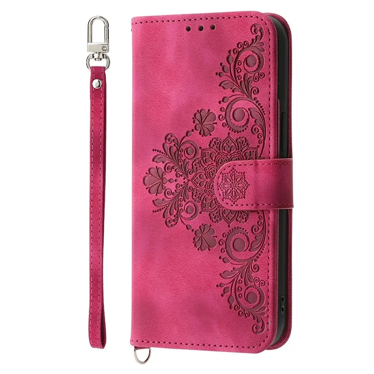 For Xiaomi Poco F7 5G  /  Redmi Turbo 4 Pro 5G Case Flower Pattern PU Leather Wallet Phone Cover with Strap - Wine Red