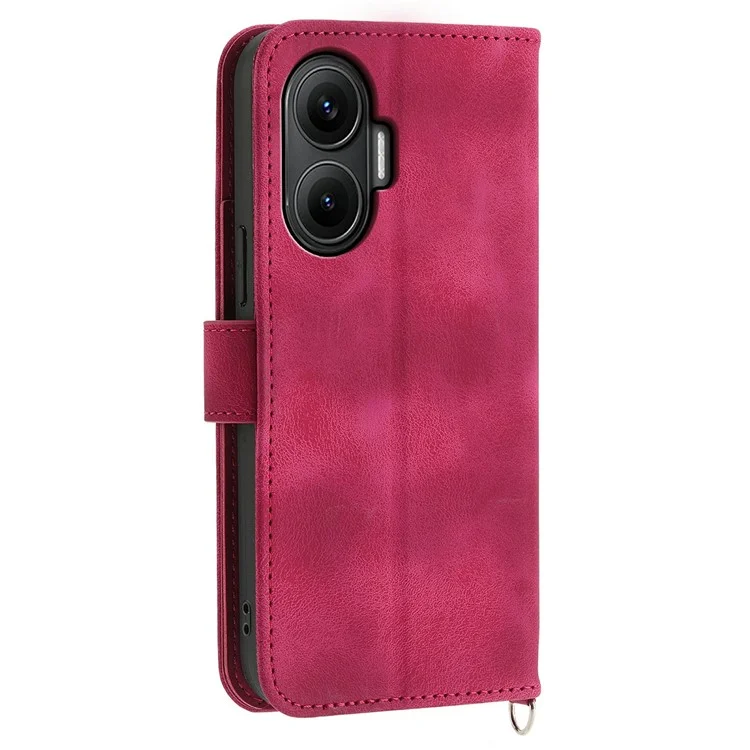 For Xiaomi Poco F7 5G  /  Redmi Turbo 4 Pro 5G Case Flower Pattern PU Leather Wallet Phone Cover with Strap - Wine Red