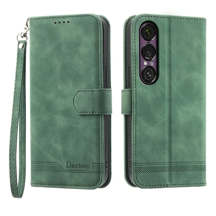 DIERFENG DF-03 Funda de Piel Tipo Cartera con Líneas Impresas para Sony Xperia 1 VII - Verde