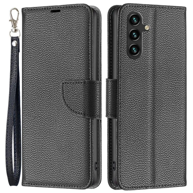 For Samsung Galaxy A14 5G / A14 4G Wallet Case Litchi Texture Flip Leather Mobile Cover Stand with Strap - Black