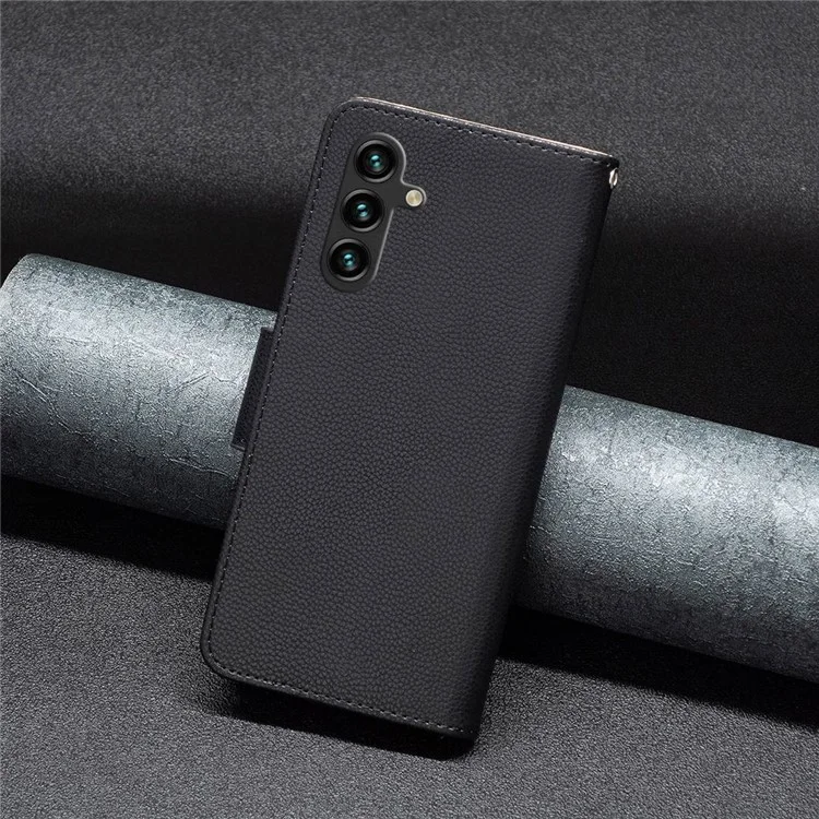 For Samsung Galaxy A14 5G / A14 4G Wallet Case Litchi Texture Flip Leather Mobile Cover Stand with Strap - Black