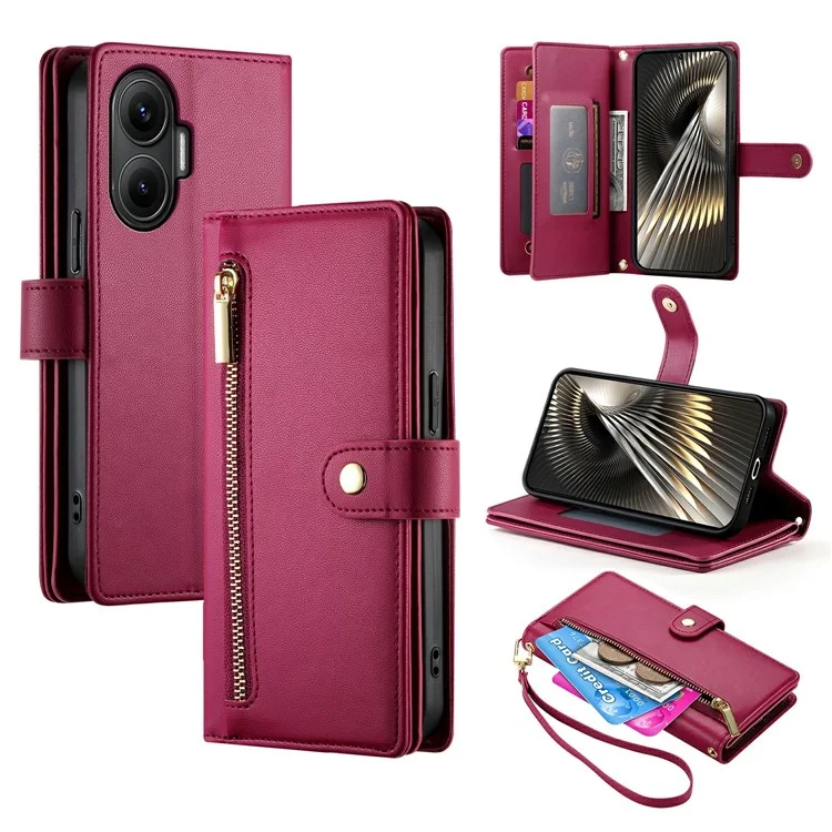 DFDF-011 Per Xiaomi Poco F7 5G / Redmi Turbo 4 Pro 5G Cover a Portafoglio con Tasca con Cerniera in Pelle per Telefono con Cinghie - Rosso