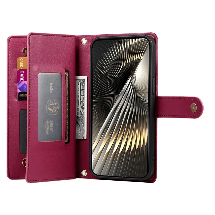 DFDF-011 Per Xiaomi Poco F7 5G / Redmi Turbo 4 Pro 5G Cover a Portafoglio con Tasca con Cerniera in Pelle per Telefono con Cinghie - Rosso
