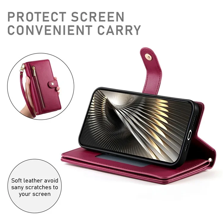 DFDF-011 Per Xiaomi Poco F7 5G / Redmi Turbo 4 Pro 5G Cover a Portafoglio con Tasca con Cerniera in Pelle per Telefono con Cinghie - Rosso