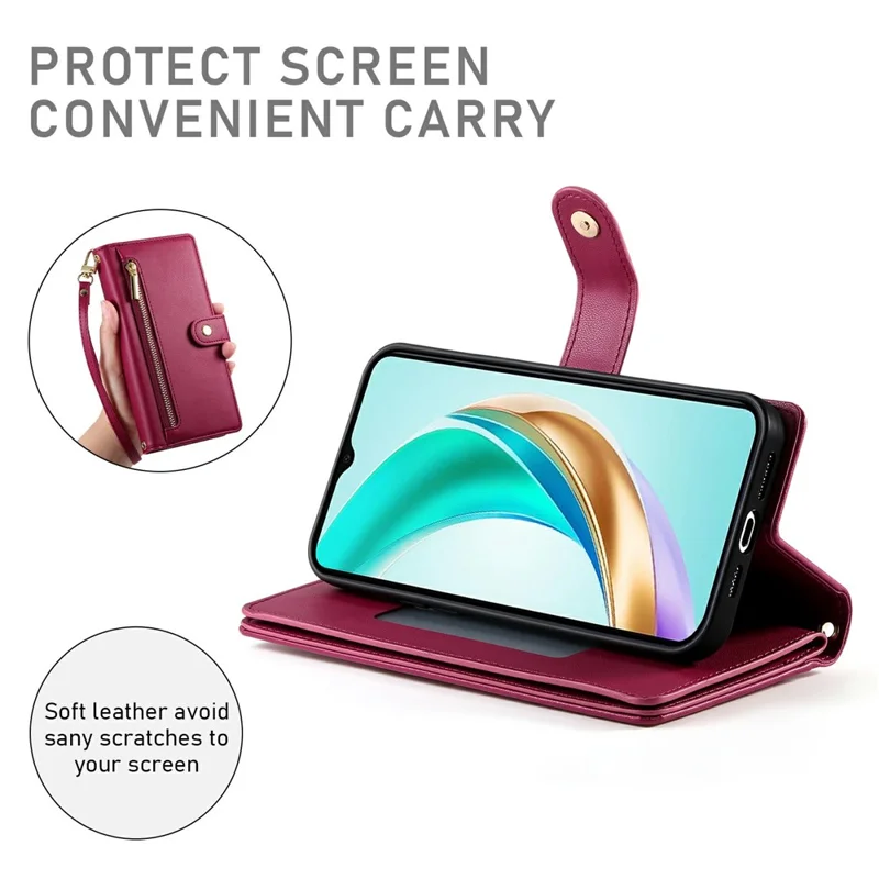 DF-011 Pour Honneur 400 5G (Mondial) Étui Pochette Fermeture Éclair Portefeuille en Cuir Housse de Téléphone avec Sangles - Rouge