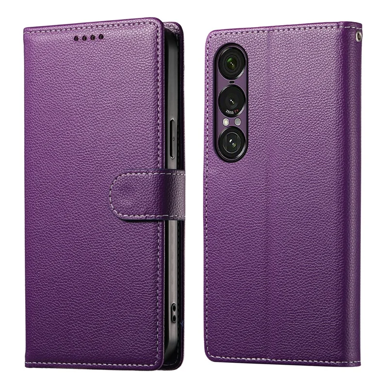 For Sony Xperia 1 VII Stand Case Litchi Texture Leather Wallet Phone Cover Magnetic Snap - Purple