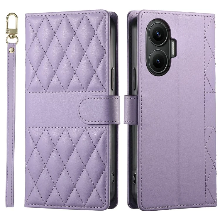 For Xiaomi Poco F7 5G  /  Redmi Turbo 4 Pro 5G Case Rhombus Stitching Wallet Stand Leather Phone Cover with Long  /  Short Strap - Purple