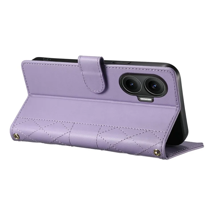 For Xiaomi Poco F7 5G  /  Redmi Turbo 4 Pro 5G Case Rhombus Stitching Wallet Stand Leather Phone Cover with Long  /  Short Strap - Purple