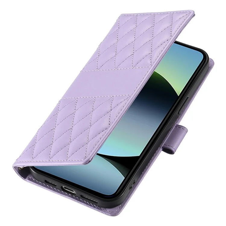 For Xiaomi Poco F7 5G  /  Redmi Turbo 4 Pro 5G Case Rhombus Stitching Wallet Stand Leather Phone Cover with Long  /  Short Strap - Purple