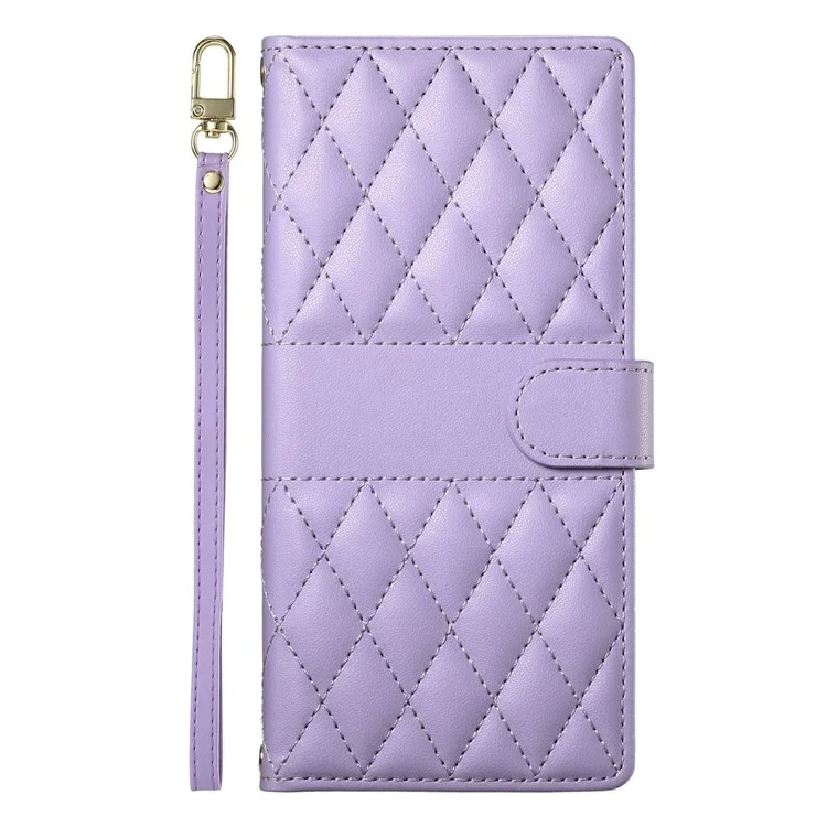 For Xiaomi Poco F7 5G  /  Redmi Turbo 4 Pro 5G Case Rhombus Stitching Wallet Stand Leather Phone Cover with Long  /  Short Strap - Purple
