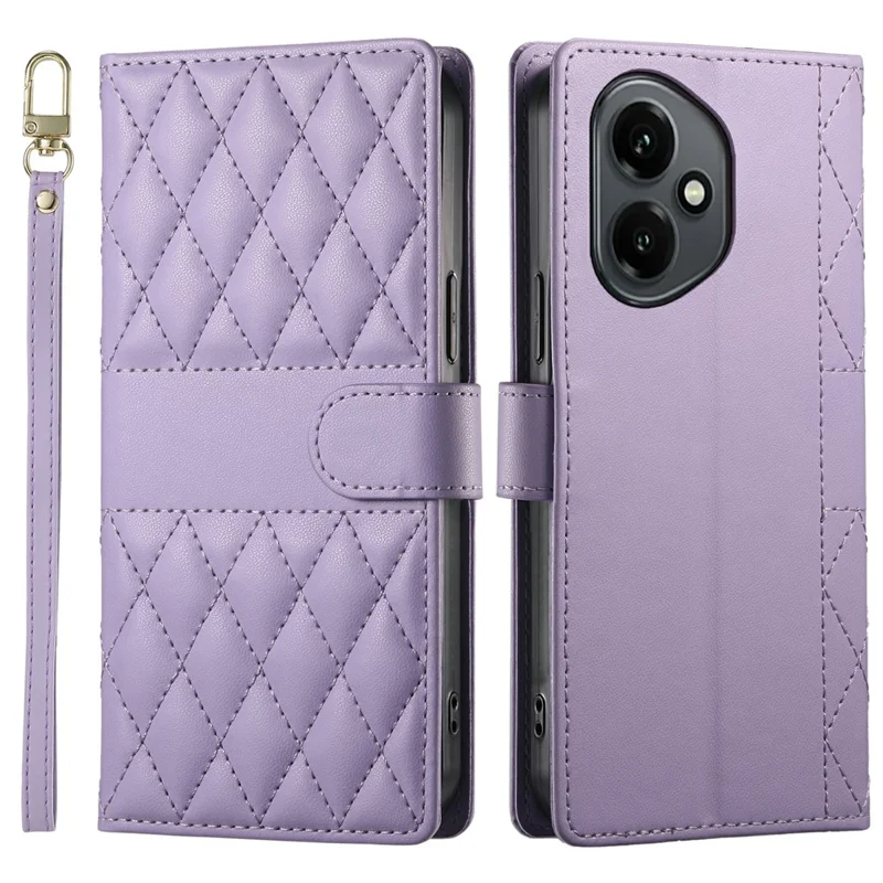 For Honor 400 5G (Global) Case Rhombus Stitching Wallet Stand Leather Phone Cover with Long  /  Short Strap - Purple