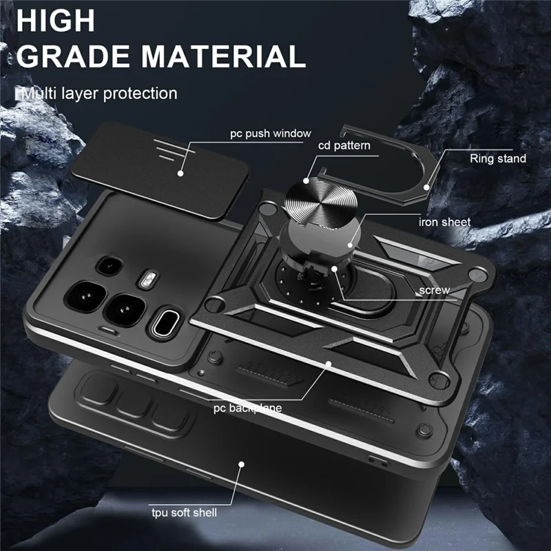 For Infinix Note 50s 5G Case with Slide Camera Lid PC + TPU Kickstand Phone Cover - Black