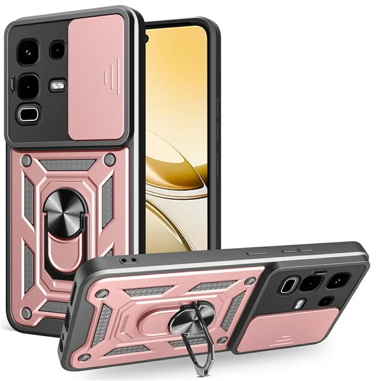 For Infinix Note 50s 5G Case with Slide Camera Lid PC + TPU Kickstand Phone Cover - Rose Gold