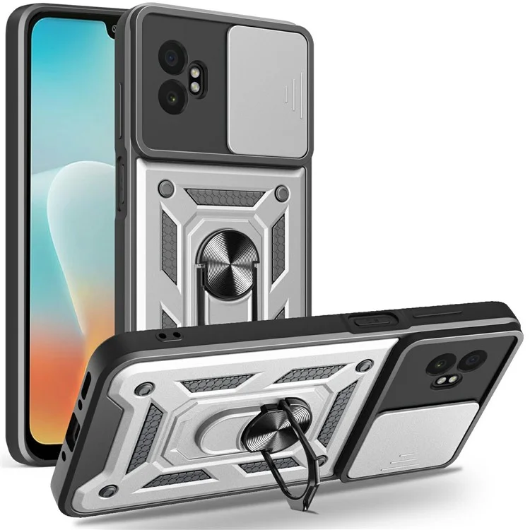 Cover per Samsung Galaxy XCover7 Pro con Coperchio Scorrevole per Fotocamera, PC + TPU con Supporto - Argento
