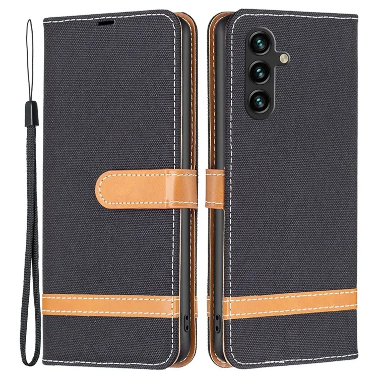 Per Samsung Galaxy A14 5G / A14 4G Custodia Telefonica Stand Wallet Jeans Cloth Texture PU Leather Folio Flip Cover - Nero