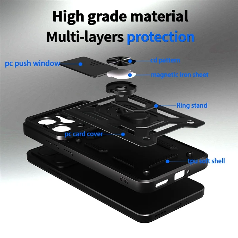 For Realme P3 5G  /  14 5G Case with Slide Camera Lid PC + TPU Kickstand Phone Cover - Black
