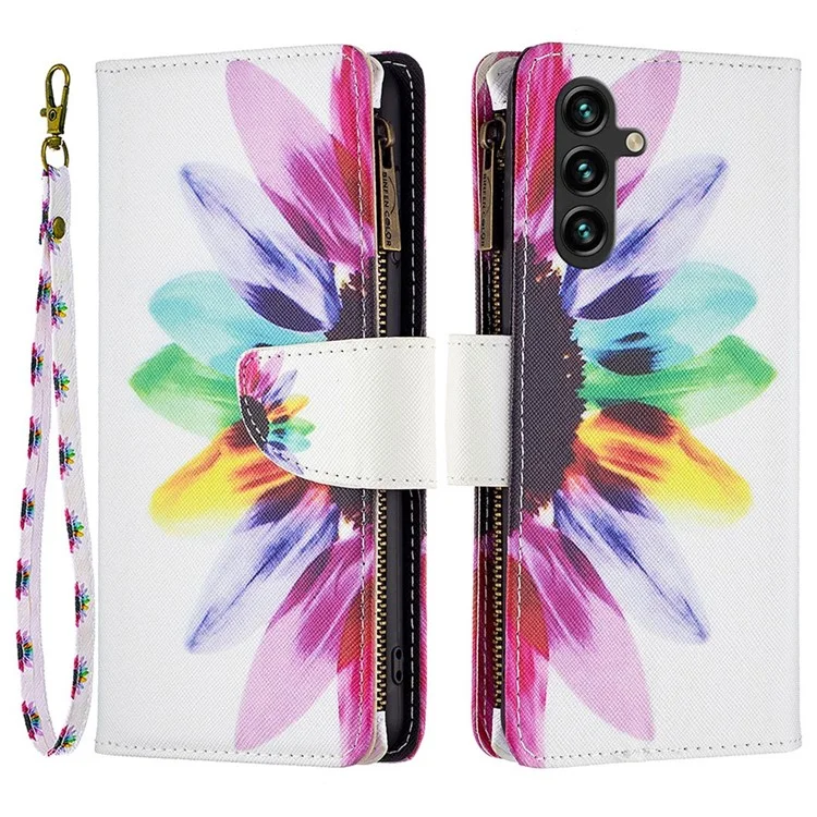 For Samsung Galaxy A14 5G / A14 4G Leather Case with Strap Pattern Printing Zipper Wallet Phone Stand Cover - Sunflower