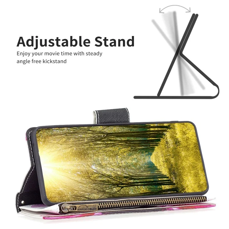 For Samsung Galaxy A14 5G / A14 4G Leather Case with Strap Pattern Printing Zipper Wallet Phone Stand Cover - Sunflower
