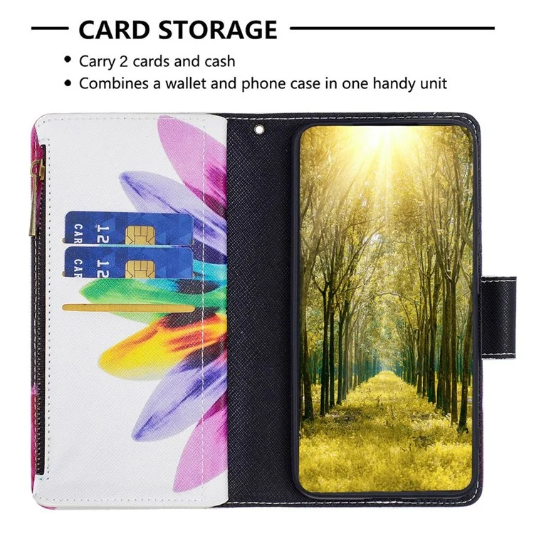 For Samsung Galaxy A14 5G / A14 4G Leather Case with Strap Pattern Printing Zipper Wallet Phone Stand Cover - Sunflower