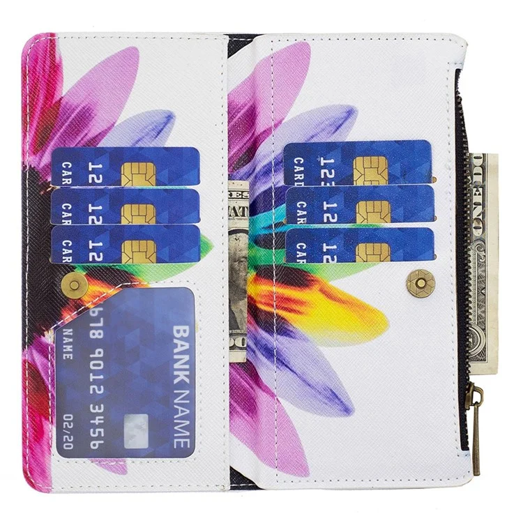 For Samsung Galaxy A14 5G / A14 4G Leather Case with Strap Pattern Printing Zipper Wallet Phone Stand Cover - Sunflower