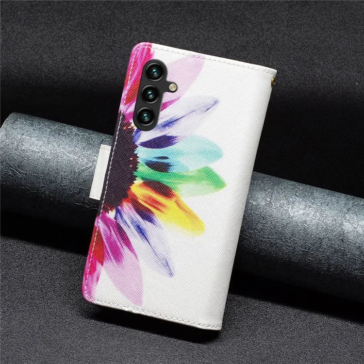 For Samsung Galaxy A14 5G / A14 4G Leather Case with Strap Pattern Printing Zipper Wallet Phone Stand Cover - Sunflower