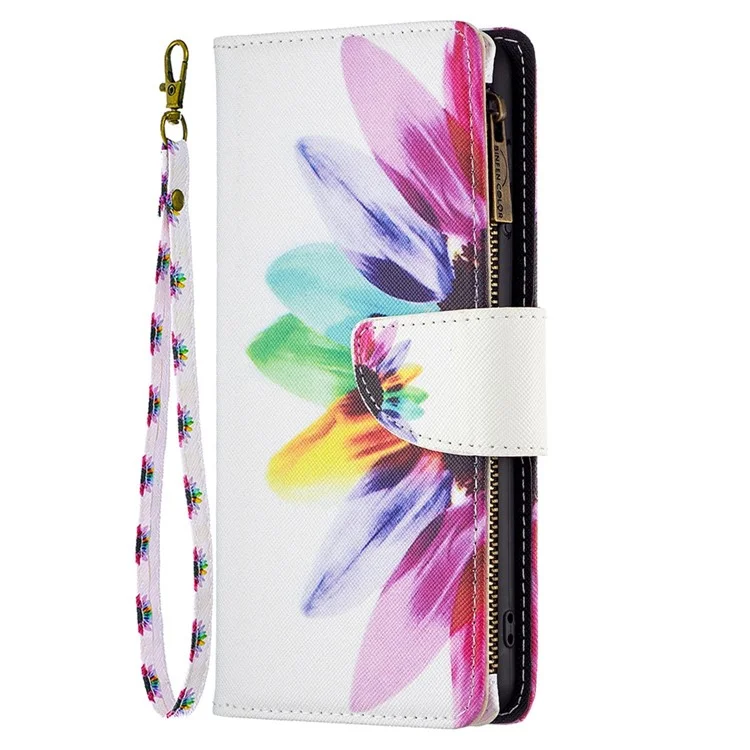 For Samsung Galaxy A14 5G / A14 4G Leather Case with Strap Pattern Printing Zipper Wallet Phone Stand Cover - Sunflower