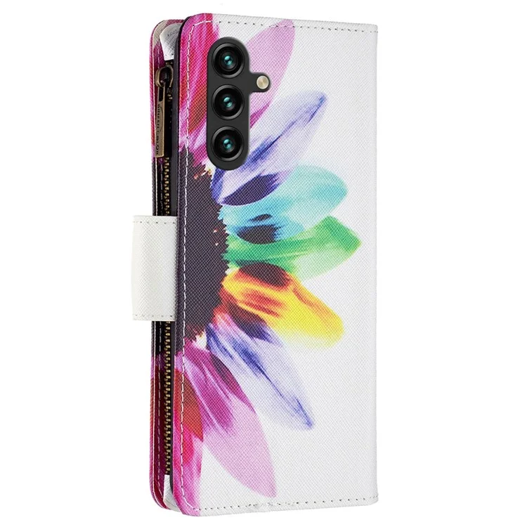 For Samsung Galaxy A14 5G / A14 4G Leather Case with Strap Pattern Printing Zipper Wallet Phone Stand Cover - Sunflower
