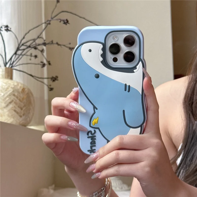 For iPhone 16 Pro Silicone Case Cute Shark Design Shockproof Phone Back Cover