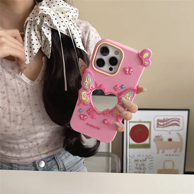 For iPhone 16 Pro Max Silicone Case Cute Butterfly Mirror Design Shockproof Phone Back Cover