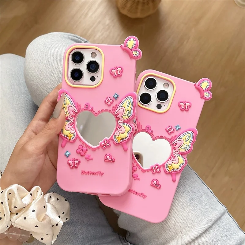 For iPhone 16 Pro Max Silicone Case Cute Butterfly Mirror Design Shockproof Phone Back Cover